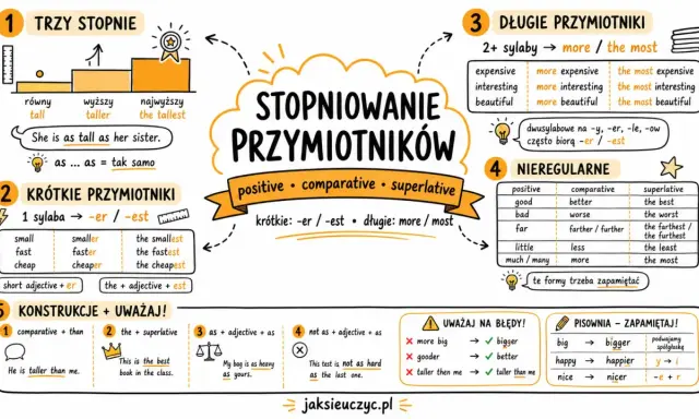 Stopniowanie przymiotnika: krótkie (-er/-est), długie (more/most), nieregularne. Przykłady: tall, taller, the tallest.