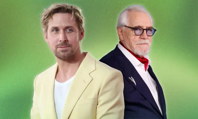 Ryan Gosling in a pastel suit and Brian Cox in a navy suit with a red ascot, showcasing stylish casual cocktail attire for men.