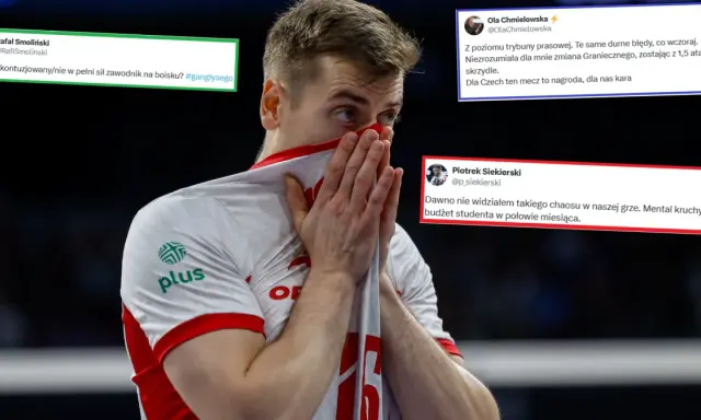 Siatkarz z rękami na twarzy, otoczony tweetami krytykującymi grę. Czy to jego skok do gwiazd, czy upadek?
