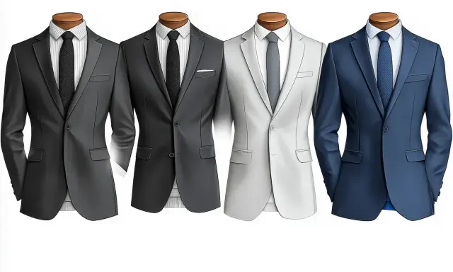 Four mannequins display suits: two dark grey, one light grey, and one blue. Lapels, buttons, and pockets define what makes a suit a suit.