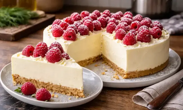 Pyszny sernik z mascarpone, udekorowany malinami i cukrem pudrem. Idealny na deser.