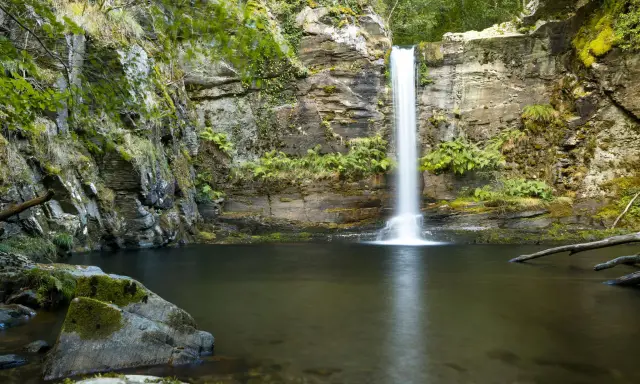 La fervenza do Pombar, una cascada serena rodeada de rocas cubiertas de musgo y vegetación exuberante, cae en una poza de aguas tranquilas.