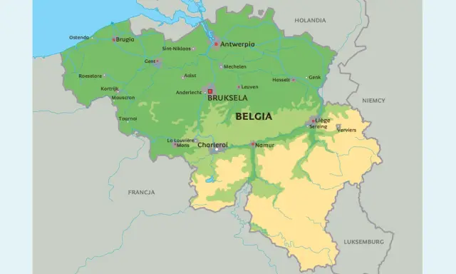 Mapa Belgii w Europie z zaznaczonymi miastami jak Bruksela, Antwerpia, Gandawa.