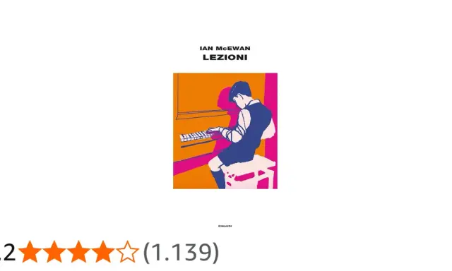 Copertina del libro "Lezioni" di Ian McEwan: un ragazzo suona il pianoforte, con un'illustrazione stilizzata e colori vivaci.