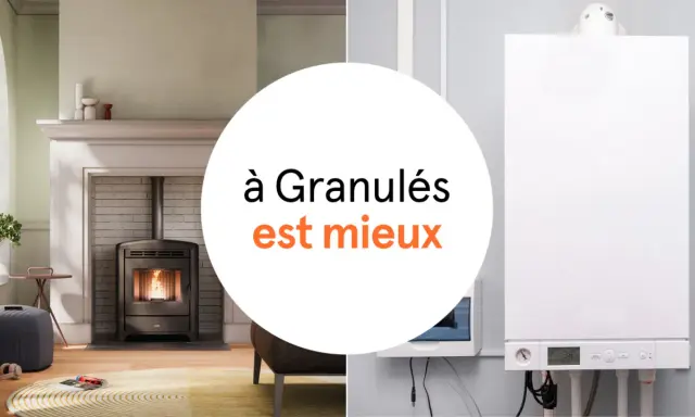 Comparaison de deux systèmes de chauffage : un poêle à granulés moderne dans un salon cosy et une chaudière murale blanche. Le chauffage à granulés est mis en avant.