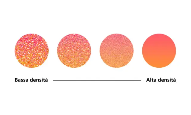 Cerchi con gradiente da rosa ad arancio, da bassa ad alta densità di puntini, creati in 300 dpi Photoshop.