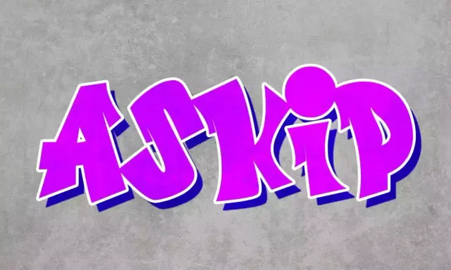 Graffiti violet "ASKIP" sur fond gris. Askip, c'est le mot qui fait le buzz, ici stylisé en lettres audacieuses.