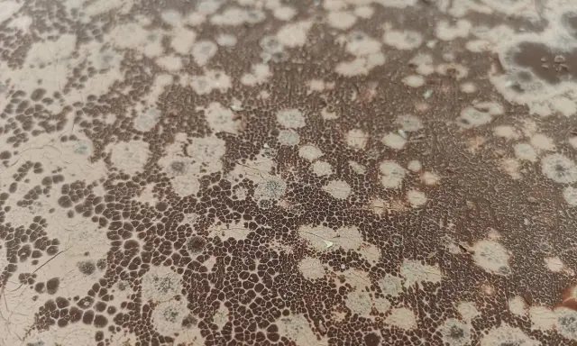 Texture craquelée marron et beige, rappelant un point blanc chocolat, avec des motifs aléatoires et des petites bulles.