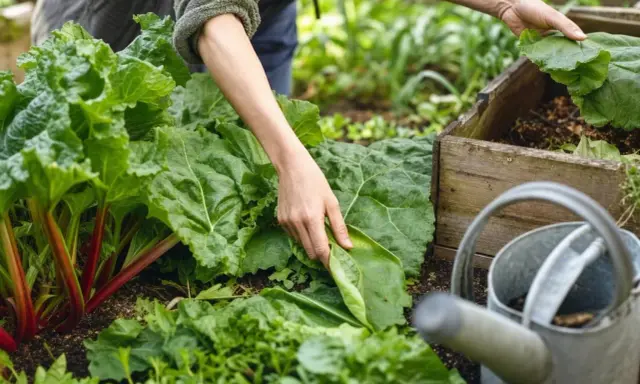 Main de jardinier manipulant de grandes feuilles vertes de rhubarbe, près d'une caisse en bois et d'un arrosoir. Le purin de rhubarbe est un excellent engrais naturel.