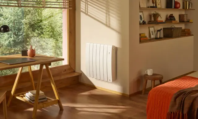 Un radiateur blanc vertical est fixé au mur, sous une fenêtre. Un bureau en bois et une étagère remplie d'objets complètent la pièce.