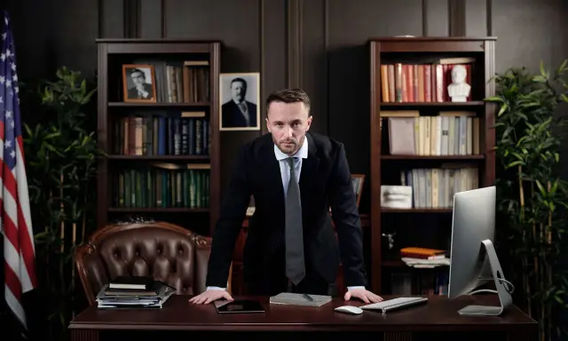 Prawnik w korporacji, stojący przy biurku, zastanawia się, ile zarabia. W tle biblioteczki i amerykańska flaga.