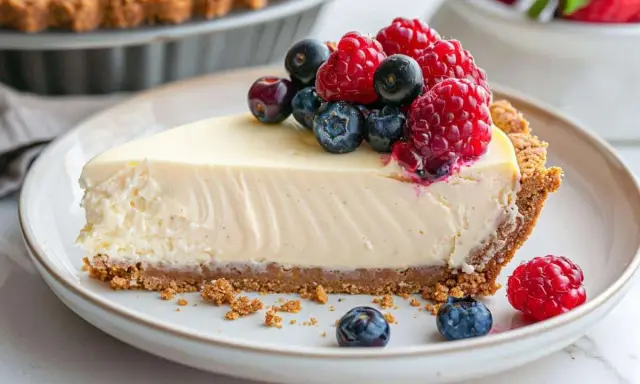 Tranche de cheesecake sans cuisson garnie de fruits rouges frais.