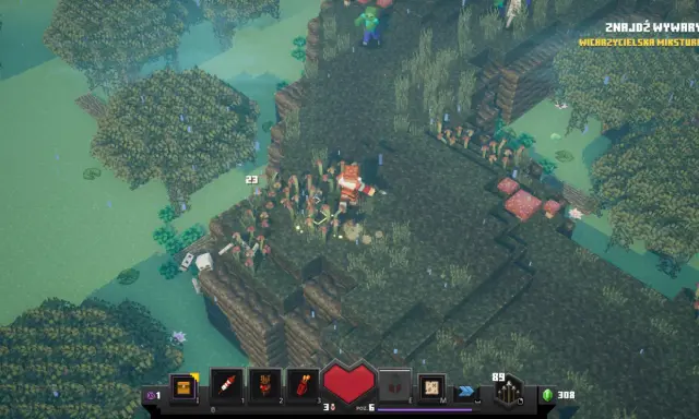 Gracz w grze Minecraft Dungeons walczy z potworami na bagnach, zbierając mikstury.