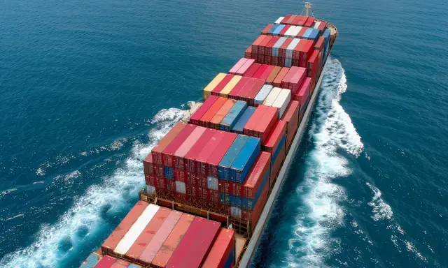 Un immense porte-conteneurs navigue sur une mer bleue, témoignant du **trafic maritime** mondial. Des conteneurs colorés s'empilent sur le pont.