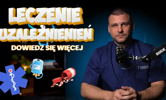 Ośrodek leczenia alkoholizmu. Grafika przedstawia medyczne symbole i lekarza, sugerując pomoc w walce z uzależnieniem.