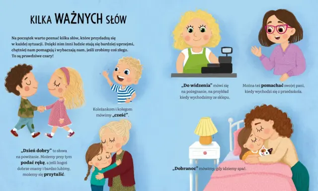 Dobre maniery dla dzieci: przytulanie, podawanie ręki, mówienie "cześć", "dzień dobry", "do widzenia" i "dobranoc".