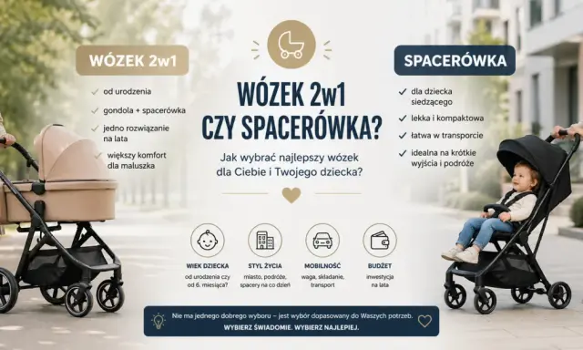 Jaki wózek wybrać mamaginekolog? Porównanie wózka 2w1 i spacerówki, by świadomie wybrać najlepszy dla dziecka i rodzica.