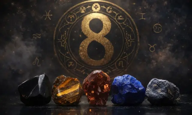 Pięć kryształów przed złotym znakiem nieskończoności i zodiaku. Numerologiczna 8 symbolizuje moc i równowagę.