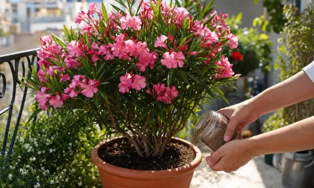 Des mains versent des granulés dans le terreau pour laurier rose, assurant une floraison éclatante sur le balcon.