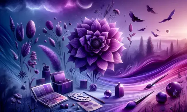Artystyczna wizja, gdzie odcienie fioletu nazwy malują magiczny krajobraz. Kwiaty, ptaki i przybory malarskie w purpurowej krainie.