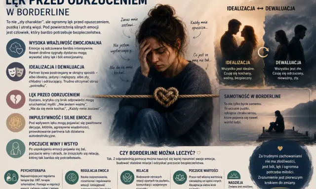 Lęk przed odrzuceniem w borderline: intensywne emocje, idealizacja/dewaluacja partnera, impulsywność, poczucie winy. Możliwa terapia.