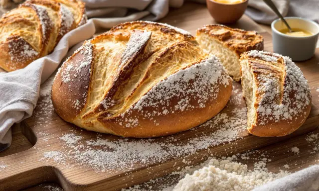 Une brioche au levain, mie filante, saupoudrée de farine, sur une planche en bois. Du beurre et de la confiture sont à proximité.