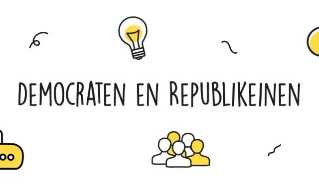 Illustratie met de tekst "DEMOCRATEN EN REPUBLIKEINEN", omringd door iconen van een kortingsbon, een gloeilamp, bubbels, mensen en een perkamentrol.