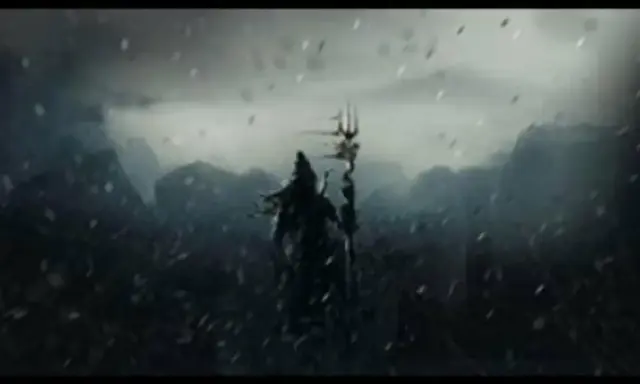 Mörk, dramatisk bild av Shiva med sitt trishul, som om han utför Shiv Tandav Stotram i en stormig, bergig miljö.