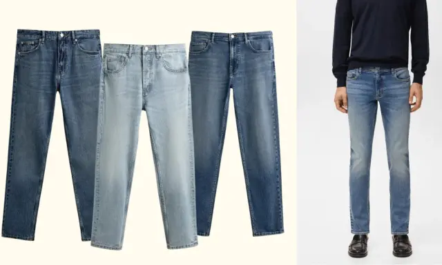 Tre paia di jeans in diverse tonalità di blu, con un uomo che indossa jeans slim fit. Il jeans slim fit significato è un taglio moderno e versatile.