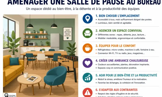 Une salle de pause conviviale avec canapé jaune, fauteuil bleu, table, chaises, baby-foot et cuisine équipée. Idéal pour la détente et la productivité.