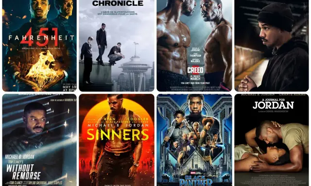 Affischer för filmer med Michael B. Jordan: Fahrenheit 451, Chronicle, Creed, Fruitvale Station, Without Remorse, Sinners, Black Panther och A Journal for Jordan.