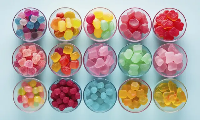 Variedad de tipos de gominolas en cuencos: cubos, frutas, ositos y más, en colores vibrantes.
