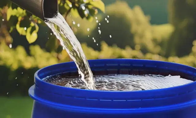 Un tubo gris vierte agua clara en un barril azul, demostrando cómo canalizar agua de lluvia para su reutilización.