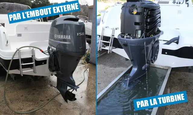 Comment rincer moteur hors-bord avec oreilles : une méthode par l'embout externe, l'autre par la turbine.