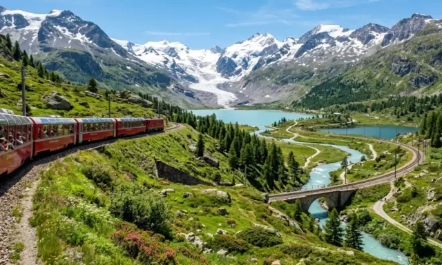 Il trenino del Bernina percorre un paesaggio alpino mozzafiato, con laghi turchesi, montagne innevate e verdi pendii fioriti.