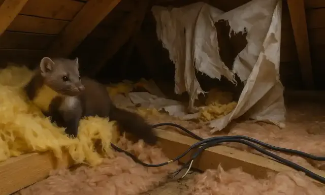 Kuna na poddaszu, wśród wełny mineralnej i zniszczonej tkaniny, szuka schronienia.