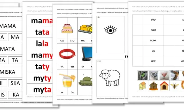 Obrazki do nauki mowy do druku: karty z literami, obrazkami i słowami do ćwiczeń czytania i mówienia.