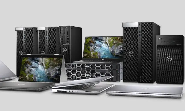 Różnorodne rodzaje obudów komputerowych Dell: laptopy, stacje robocze i serwery.