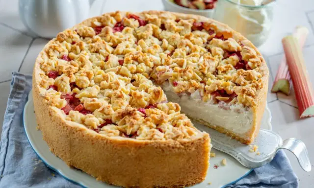 Saftiger Rhabarber Schmand Kuchen mit knuspriger Streuseldecke, ein Genuss für jeden Kaffeetisch.