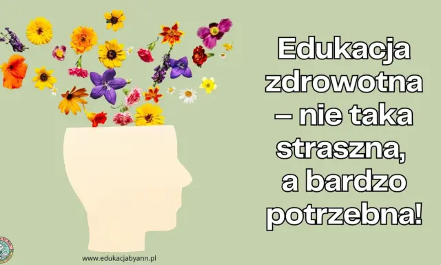 Edukacja zdrowotna – nie taka straszna, a bardzo potrzebna! Kwiaty wyrastające z głowy symbolizują rozwój wiedzy.