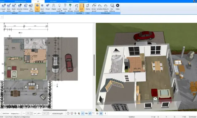 Ein 3D-Grundriss zeigt ein Haus mit Wohnzimmer, Küche, Bad und Diele. Der schlafzimmer grundriss ist Teil des Erdgeschosses.