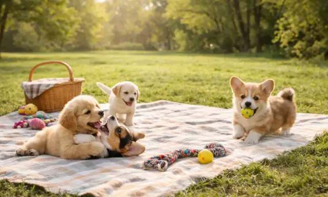 Szukasz imion dla psa chłopaka? Trzy urocze szczenięta, corgi, golden retriever i labrador, bawią się na pikniku.