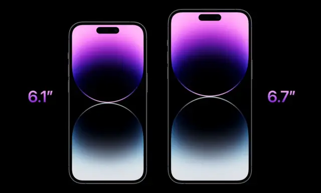 Dwa iPhone'y 14 Pro: mniejszy 6.1" i większy 6.7". Porównanie iPhone 14 Pro wymiary.