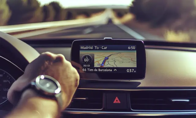 Navegando por la carretera, el GPS muestra la ruta de Madrid a Barcelona, indicando 66 km restantes.