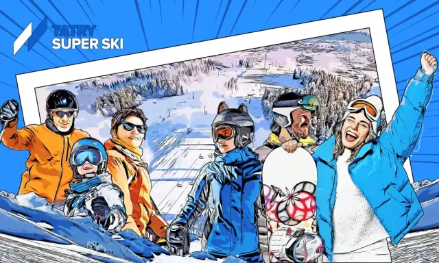 Grupa narciarzy i snowboardzistów na tle ośnieżonych stoków Tatr.