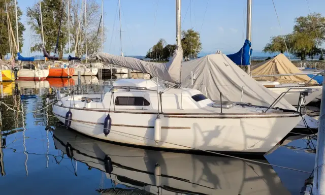 Un voilier blanc, prêt pour l'aventure, est amarré dans un port paisible. Le reflet du voilier sauvignon sur l'eau calme est saisissant.