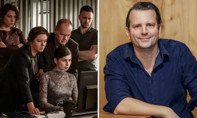 En grupp utredare samlade runt en datorskärm, och en leende man i blå skjorta. Kanske en scen från filmer och tv-program med Måns Nathanaelson.