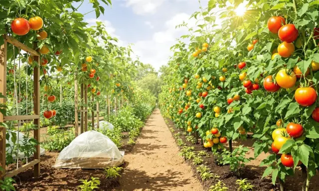 Rangées de plants de tomate roma sans tuteur, chargés de fruits rouges et jaunes, sous un soleil éclatant.