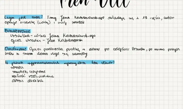 Notatki dotyczące Trenu VIII Jana Kochanowskiego: opis Urszulki, pustka w domu, smutek i strata.