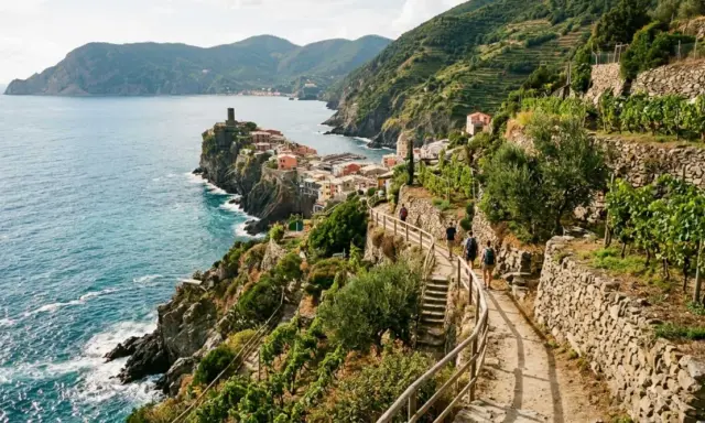 Sentiero panoramico tra i vigneti delle Cinque Terre, con vista sul mare blu e sui colorati borghi aggrappati alla scogliera.